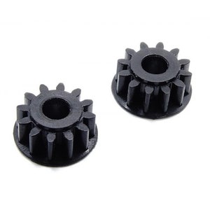 Puede incluir: Dos engranajes de plástico negro con un agujero central y múltiples dientes alrededor del perímetro. Los engranajes son idénticos y están sobre un fondo blanco. Los engranajes probablemente se utilizan en un dispositivo mecánico o eléctrico.