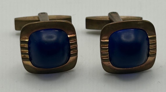 Vintage Art Deco Blue Glass Cuff Link Set Gold To… - image 1