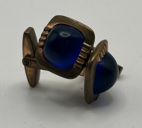 Vintage Art Deco Blue Glass Cuff Link Set Gold To… - image 4