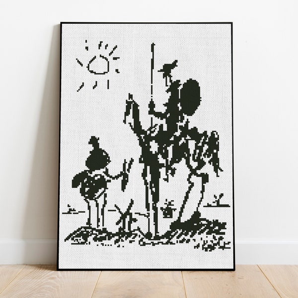 Don Quixote and Sancho Panza. Monochrome Cross Stitch Pattern, Xstitch Chart, PDF Instant Download, Simple Easy Pattern