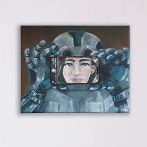 Robot prend une photo peinture acrylique originale | Art figuratif futuriste | L'IA rencontre l'humanité | Décoration murale technique décalée | Cadeau sympa | Science-fiction