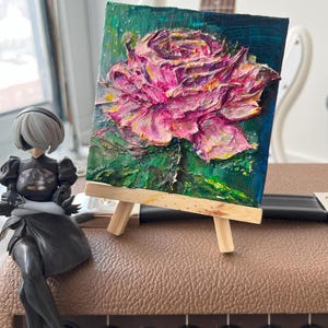 Mini toile acrylique texturée printanière texturée épaisse 3D rose rose rose cadeau amoureux uniques amis belles fleurs nature vert