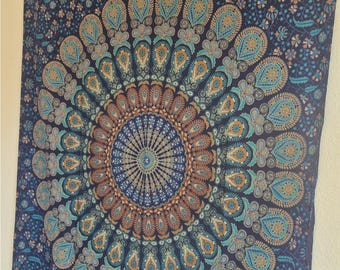 Blue Peacock Mandala Wall Hanging – Beautiful design made of cotton from India 135 x 200 cm