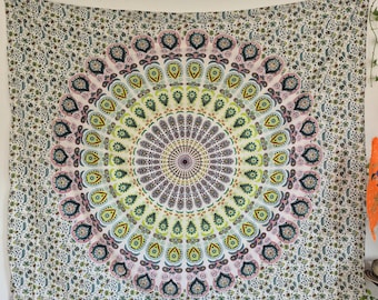 Peacock Mandala Tapestry – Large Green Cotton Wall Art, Boho Beach Blanket & Home Accessory