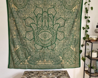 Ayurpark Golden Tapestry Hamsa Hand Green Gold Indian Wall Hanging Mandala Boho Hippie Decoration 200 x 220 cm