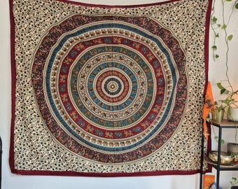 Colorful Mandala Tapestry – Cotton, 140 x 200 cm, White, Green, Blue & Red, Handmade Wall Decoration from India