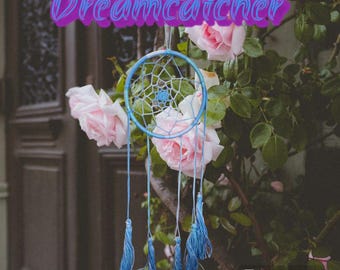 May include: A blue dreamcatcher with white feathers hanging from a rose bush. The dreamcatcher has a beaded design and is hanging from a string. The word "Dreamcatcher" is written in purple letters above the dreamcatcher.