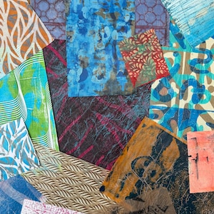 May include: A collection of rectangular paper sheets featuring diverse patterns and textures, including orange leaf prints, blue abstract washes, geometric grids, green wave lines, red floral motifs, and dark charcoal surfaces with varied ink applications.