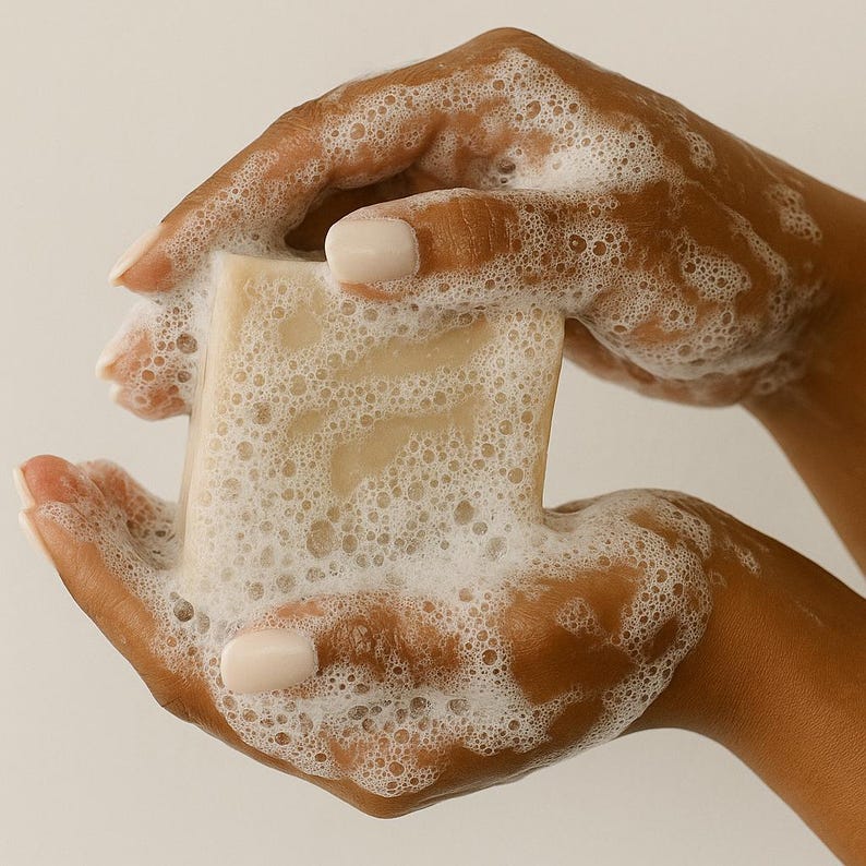 May include: A rectangular bar of soap, light beige in color, is held between two hands covered in foamy bubbles. The soap appears to be textured. The background is a solid, neutral color.
