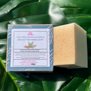 May include: A square bar of herbal soap and its box are displayed against a backdrop of large green leaves. The box is light blue with text that reads "Tea Tree Ashwagandha Shea Butter Herbal Soap". The soap is a light tan color.