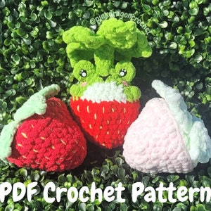 May include: A crochet pattern for making a strawberry plush toy. The pattern includes instructions for making a green leafy top, a red strawberry body, and a pink strawberry body. The pattern is available as a PDF download.