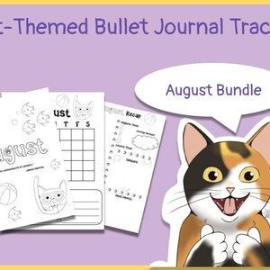 Op de afbeelding: Bullet journal tracker met kattenthema met de tekst "August Bundle". Bevat afdrukbare pagina's met kattenillustraties, een kalender en een overzichtsectie. Het ontwerp toont een cartoonkat met duimen omhoog.
