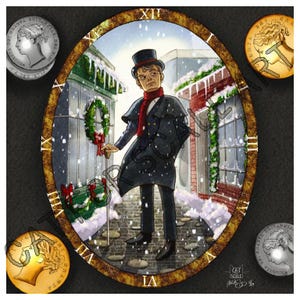 Puede incluir: Ilustración de un hombre con abrigo negro, sombrero y bufanda roja, en una calle nevada. La imagen está enmarcada en un óvalo con números romanos y monedas decorativas, evocando un ambiente invernal y festivo.