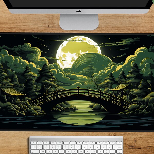 Full Moon Desk Mat Japanese Scene Anime xxl Mousepad Gift Gaming Setup Extra Large Mousepad Japanese Play Mat Dark Neon Green Pad