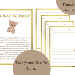 Puede incluir: Diario de mascotas de clase para llevar a casa, imprimible, con una ilustración de un oso de peluche. El diario tiene un borde dorado y páginas rayadas para escribir y dibujar. El texto "Take Home Pet Journal" está en la parte superior de la página.