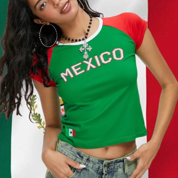 Haut en jersey du Mexique, t-shirt bébé haut court de football, t-shirt de l'an 2000, esthétique haut d'été vintage, vêtements de l'an 2000, chemise Mexique femme, maillot de football Mexique