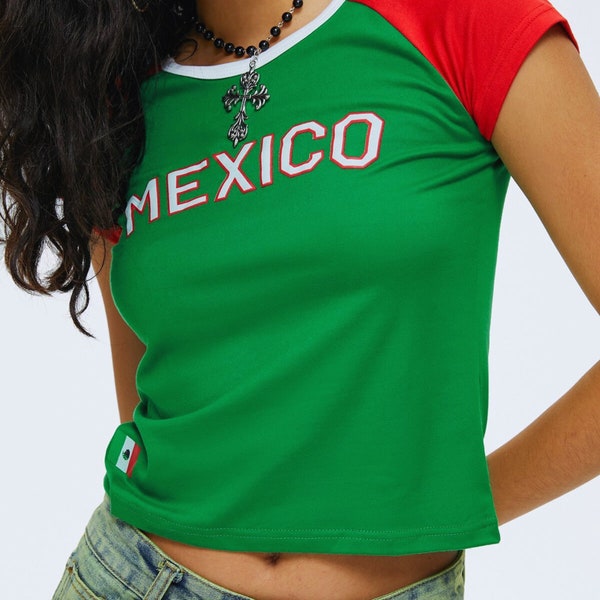 Camiseta de México, camiseta de fútbol de México, estética superior de verano vintage, camiseta de bebé crop top de fútbol, ropa Y2K, camisa de México para mujeres, camiseta Y2k