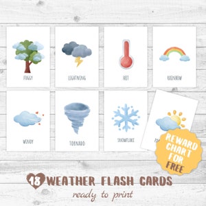 Cartes météo pour enfants, matériel pédagogique imprimable pour l'école à la maison Montessori, salle de jeux aquarelle, décoration de salle de classe