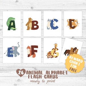 Schede flash con alfabeto animale per bambini, flashcard stampabili ABC per l'istruzione domiciliare, materiali montessori. Scaricamento digitale
