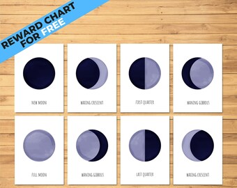 Moon Phases Flash Cards for kids, Preschool Learning Montessori Materials, Classroom Printables Toddler Flashcards, Homeschool Decor