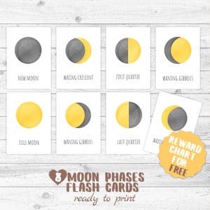 Moon phases flash cards for kids, Montessori materials for toddler activities, elementary education printable cards,  playroom decor