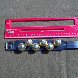 May include: A red letter size guide ruler and a black leather wristband with six gold bells. The wristband has a silver buckle and a logo. The ruler is marked in centimetres.
