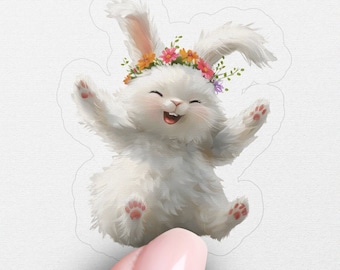 Adorable Bunny Sticker, Cute White Rabbit with Flower Crown, Happy Bunny Illustration, Perfect for Laptops and Journals