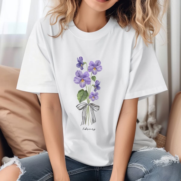 February Birth Month Flower T-shirt, Flower T-shirt, Violet Print Tee, Watercolor Flower Print Shirt, Birthday T-shirt, Gift For Her