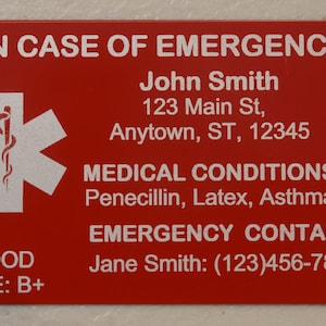 Emergency Medical Alert Card, Chef Allergy Card