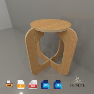 May include: A wooden stool with a round top and a unique, geometric design. The stool is made of plywood and has a natural wood finish.