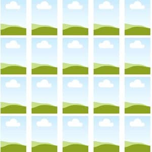 May include: A repeating pattern of green hills, blue sky, and white clouds. The pattern is repeated 36 times in a grid.