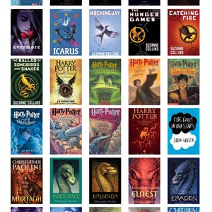 May include: A collage of book covers featuring popular young adult fiction titles. The covers feature a variety of colors, designs, and characters. Some of the titles include "The Hunger Games", "Harry Potter", "Divergent", and "Eragon".