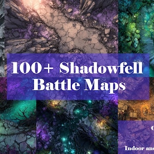 Könnte beinhalten: Eine Sammlung von Fantasy-Kampfkarten mit verschiedenen Terrains, darunter Wälder, Höhlen und Ruinen. Das Bild zeigt den Text "100+ Shadowfell Battle Maps" sowie zusätzlichen Text, der auf rasterlose und gerasterte Versionen in 4k-Auflösung für den Innen- und Außenbereich hinweist.