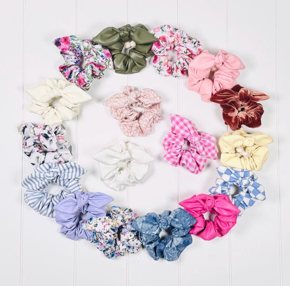 Fluffy Hair Scrunchies with Medium Bow Accents - 60 Color Options!