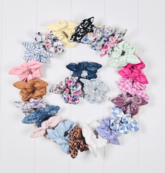 Mini Fluffy Hair Scrunchies with Small Bow Accents - 60 Color Options!