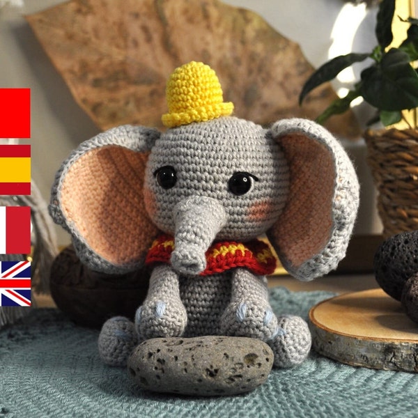 Dumbo Elephant Amigurumi Crochet Pattern, English, Spanish, Portuguese, French, Instant Download.