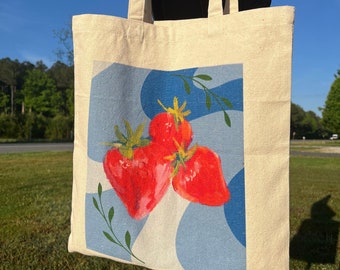 Leafy Strawberry Tote/Cotton Canvas Tote Bag