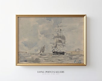 Vintage paysage marin aquarelle nautique, impression de navires (téléchargement numérique)
