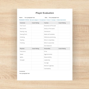 May include: A white Player Evaluation form with sections for Technical, Physical, and Personality assessments. The form includes fields for Coach Ratings and comments, set against a light wood grain background.