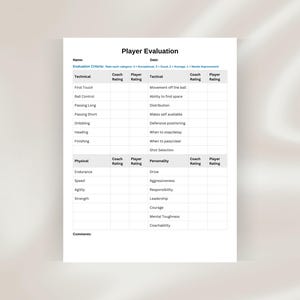 May include: A white Player Evaluation form with black text. The form is divided into sections for Technical, Physical, and Personality traits. Each section has fields for Coach Rating and Player Rating, with space for comments.