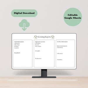 May include: A digital scouting report template for soccer, with sections for match information, opponent overview, and set piece information. Includes the text "Opponent Scout", "Digital Download", and "Editable Google Sheets". The template is displayed on a computer monitor.