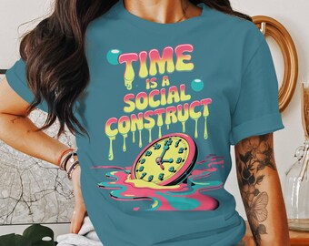 Melting Clock Graphic T-Shirt – Time Is A Social Construct, Unisex Cotton Tee