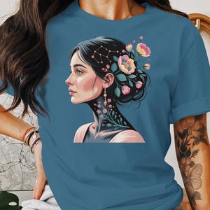 Floral Constellation Woman Shirt, Celestial Girl Tee, Artistic Astronomy Gift, Starry Night Graphic Top, Space Lover Apparel