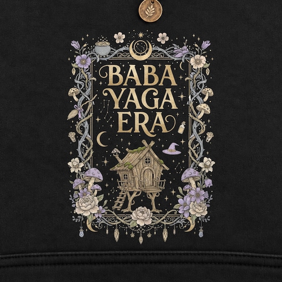 Baba Yaga Hut Hoodie, Walking House Floral Moon Folk Art, Witch Hut Cottagecore Pullover, Dark Cottagecore Hoodie