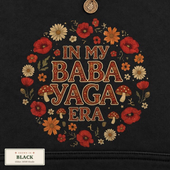 Cottagecore Hoodie, Baba Yaga Floral Folklore Pullover, Witchy Mushroom Botanical, Dark Academia Hooded Sweatshirt
