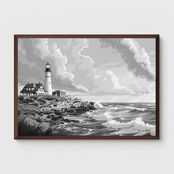 Black & White Lighthouse Oil Painting Coastal Wall Art Digital Download Rocky Cliff Home Decor Vintage Wall Art Gifts Painting Art 0032