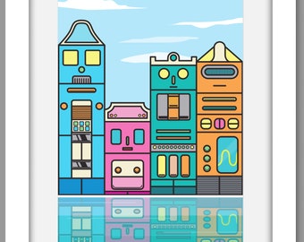 Colourful retro robot canal houses of Amsterdam wall art prints, perfect for children's rooms or playful adults living / office space.