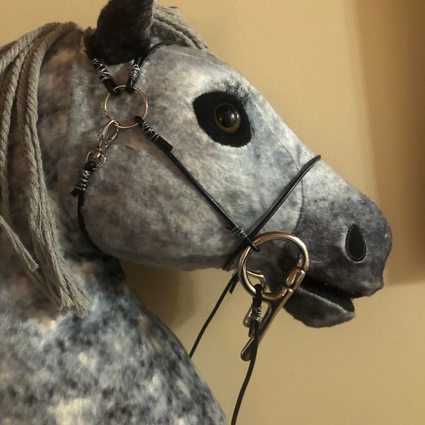 Black Lemieux hobby horse sized bridle with a real mini pony bit.