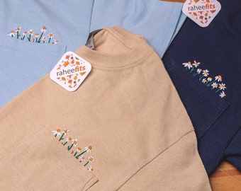 Flower Embroidery on Pocket Crewneck T shirt