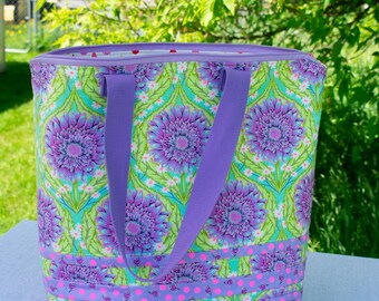Handmade Tula Pink Floral Tote Bag | Structured Zippered Carryall